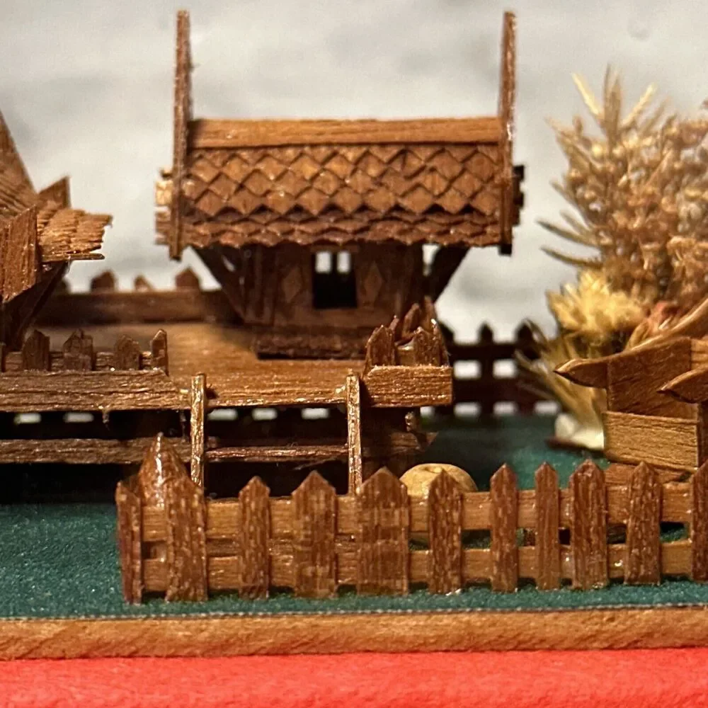 VINTAGE Handmade Teak Wood Thailand House Glass Metal Shadowbox Diorama Souvenir
